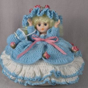 Bed Doll Collectible – Handmade Crochet Outfit –Baby Blue & White – NEW Large